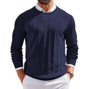 Men’s Crew Neck Sweater Long Sleeve Ribbed Knit Slim Fit Pullover Blue Dress